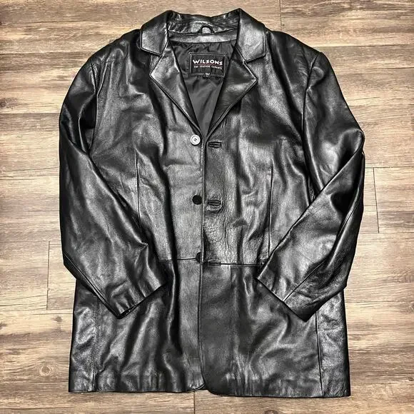 Wilsons Leather Car Coat Mens L Black 3 Button Blazer Jacket 90s Classic Vtg - Picture 5 of 10